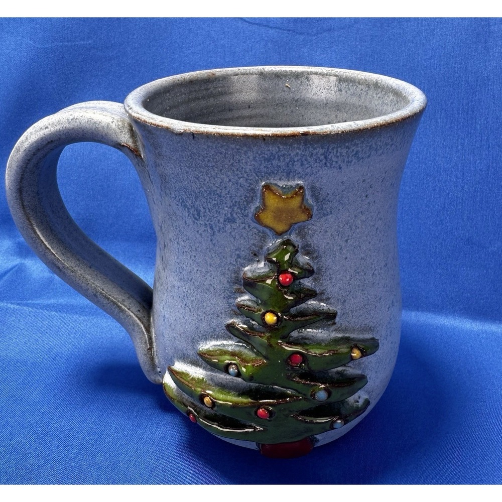 MudWorks USA Pottery Christmas Tree Mug Handmade Blue Glaze Holiday Cup